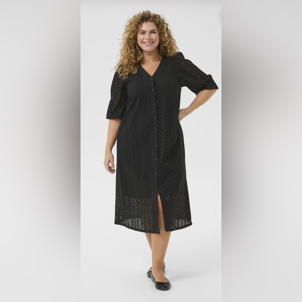 Kaffe Curve Masia Black Eyelet Midi Dress | Plus Size